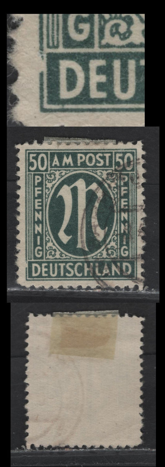 Lot 218 Germany SC#3N17 (Michel# 32VI) 50c Blackish Olive Green , 1945-1946 Allied Military Gov't Issue, A Very Fine Used Single, Paper Z, Perf 11x11.5, Showing Constat Frame Break At LL Opposite The D of Deutschland, Which Comes From Pos. 39 Of Type 5.