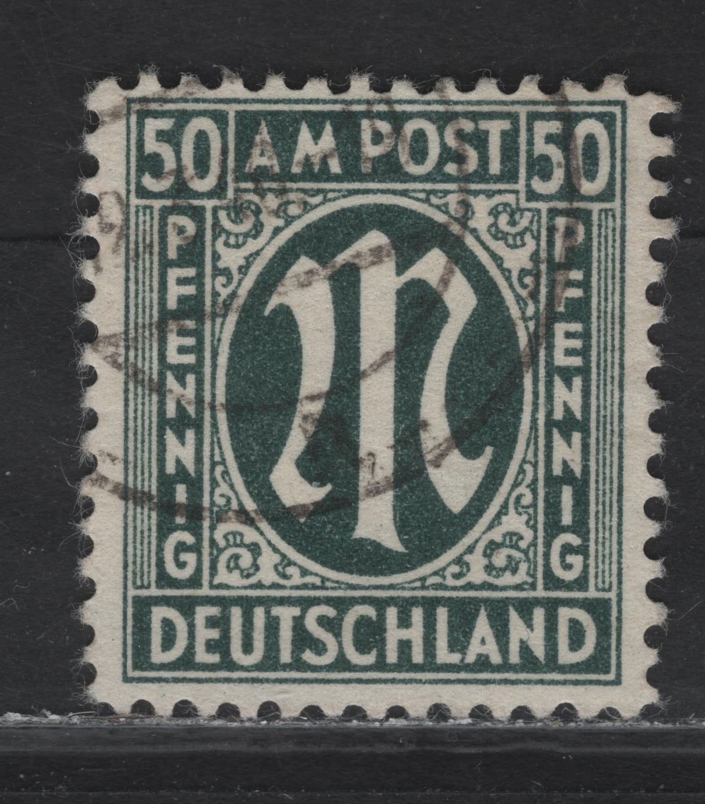 Lot 219 Germany SC#3N17 (Michel# 32bAz) 50pf Blackish Olive Green , 1945-1946 Allied Military Gov't Issue, A Very Fine Used Single, Paper Z, Perf 11