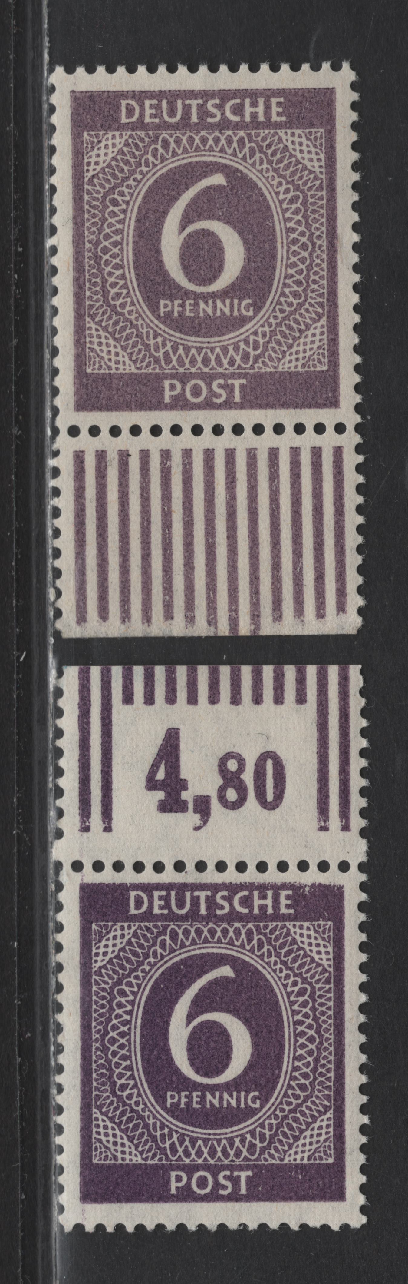 Lot 221 Germany SC#535 (Michel# 916aW0R, 916cW0R) 6pf Dark Purple Violet & Gray Violet , 1946 Numeral Issue, 2 VFNH Top & Bottom Sheet Margin Singles, With Tabs