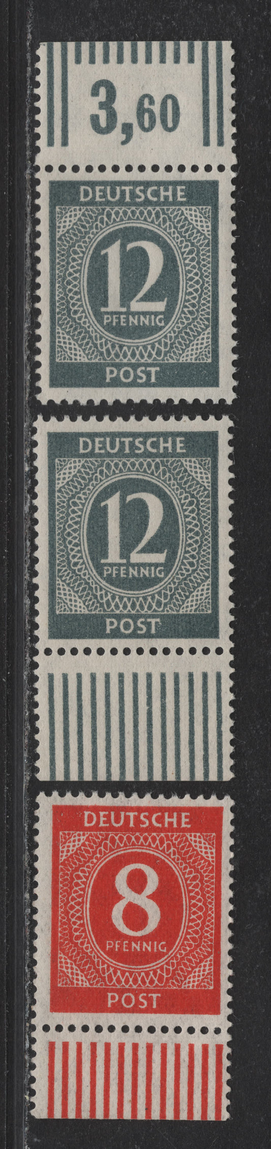 Lot 222 Germany SC#536, 538 (Michel# 917aW0R, 920aW0R) 8pf Orange Red & Deep Gray , 1946 Numeral Issue, 3 VFNH Singles, Rotary Press, Sheet Margin Counter Tabs
