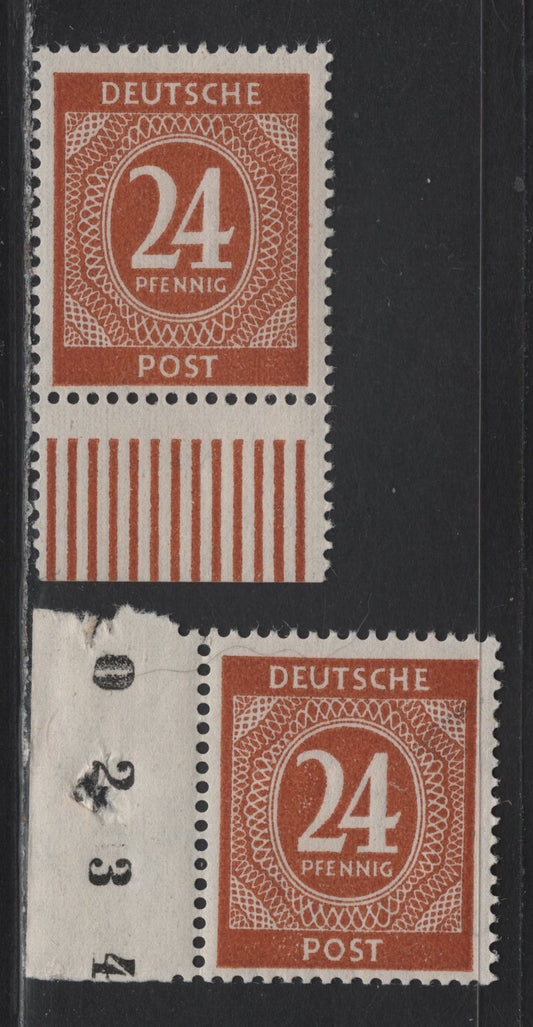Lot 224 Germany SC#544 (Michel# 925AW0R) 24pf Brown Orange , 1946 Numeral Issue, 2 FNH Singles, Sheet Margin Single With Sheet Number Of Selvedge, Bottom Sheet Margin Example With Tab