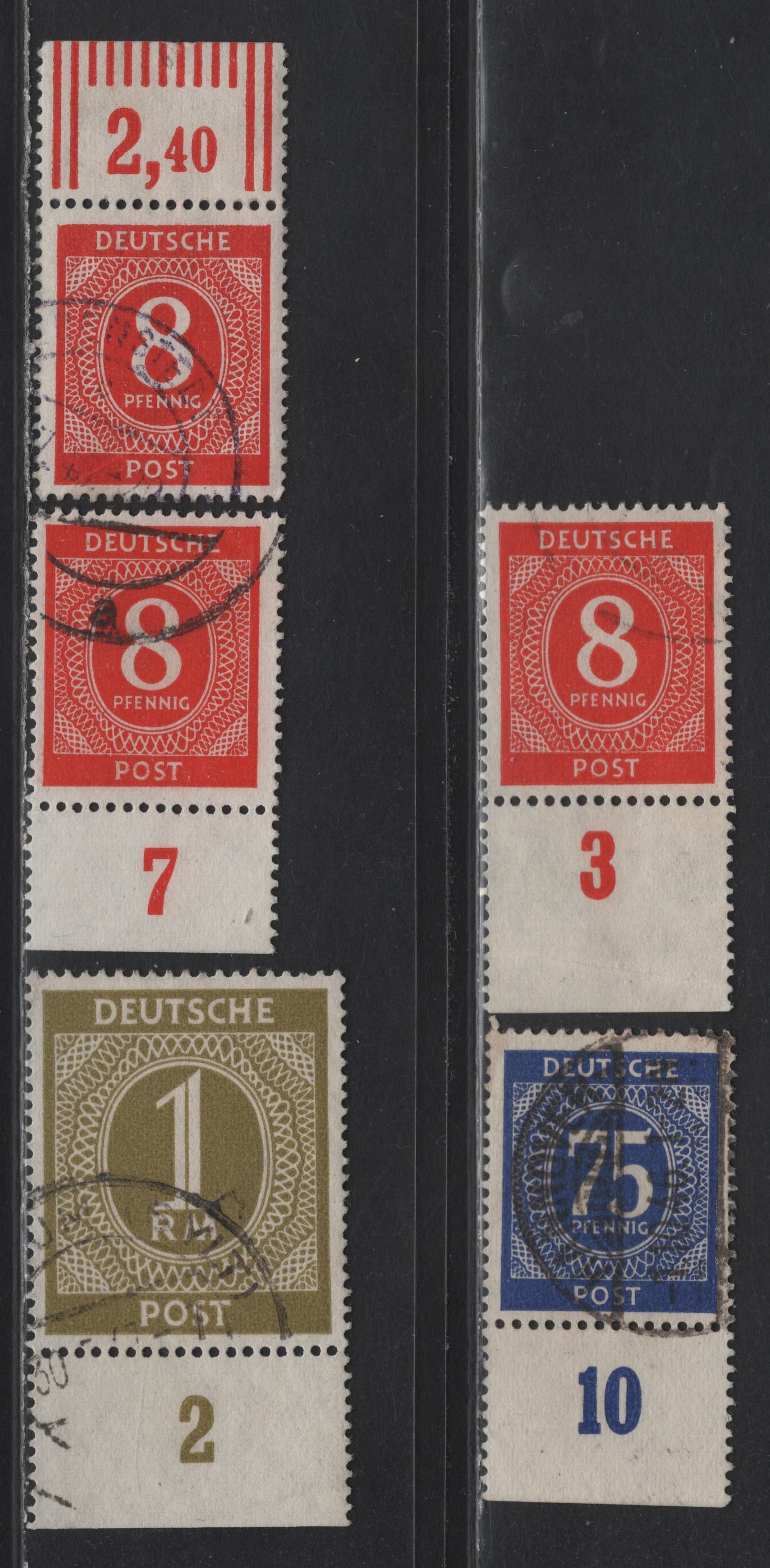 Lot 225 Germany SC#536, 553, 556 (Michel# 917aW0R, 917a, 917b, 934a, 937a) 8pf - 75pf Orange Red - Lively Brown Olive , 1946 Numeral Issue, 5 Fine/Very Fine Used Singles, Plate Counter Tabs