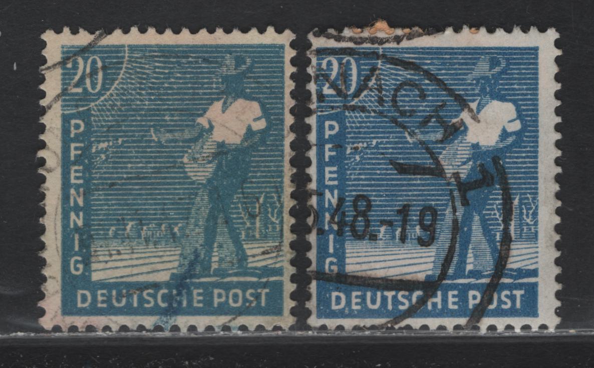 Lot 227 Germany SC#564 (Michel# 950b,d) 20pf Dark Cobalt Blue & Greenish Blue , 1947-1948 Reconstruction Issue, 2 Fine Used Single, Instead Of The Common Blue Shades