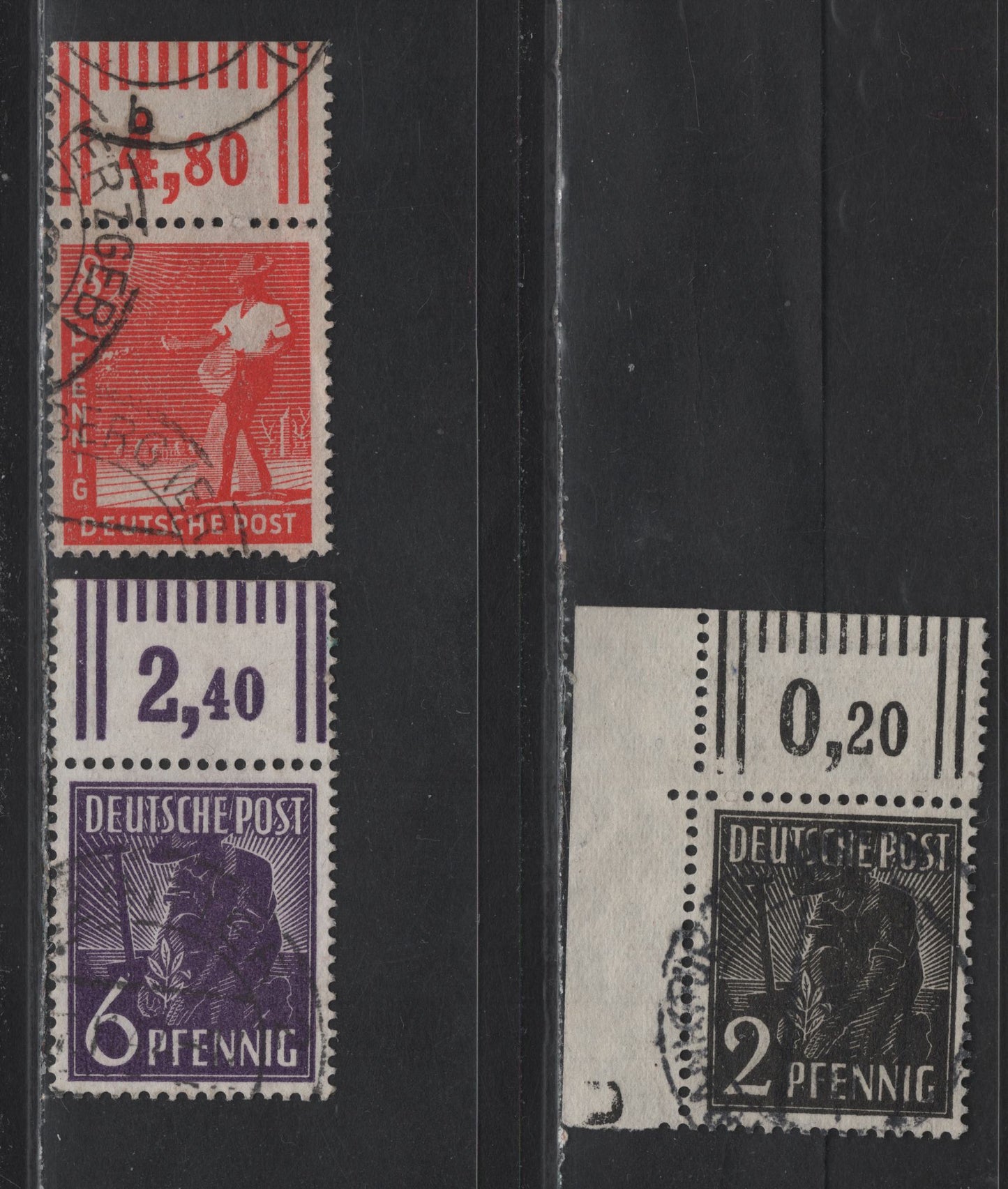 Lot 228 Germany Michel#943W0R, 944aWoR, 945aW0R (SC# 557-559) 2pf - 6pf Black Gray Brown - Dark Violet , 1948 Pictorial Issue, 3 Fine/Very Fine Used Top Sheet Margin Singles, Attached Tabs