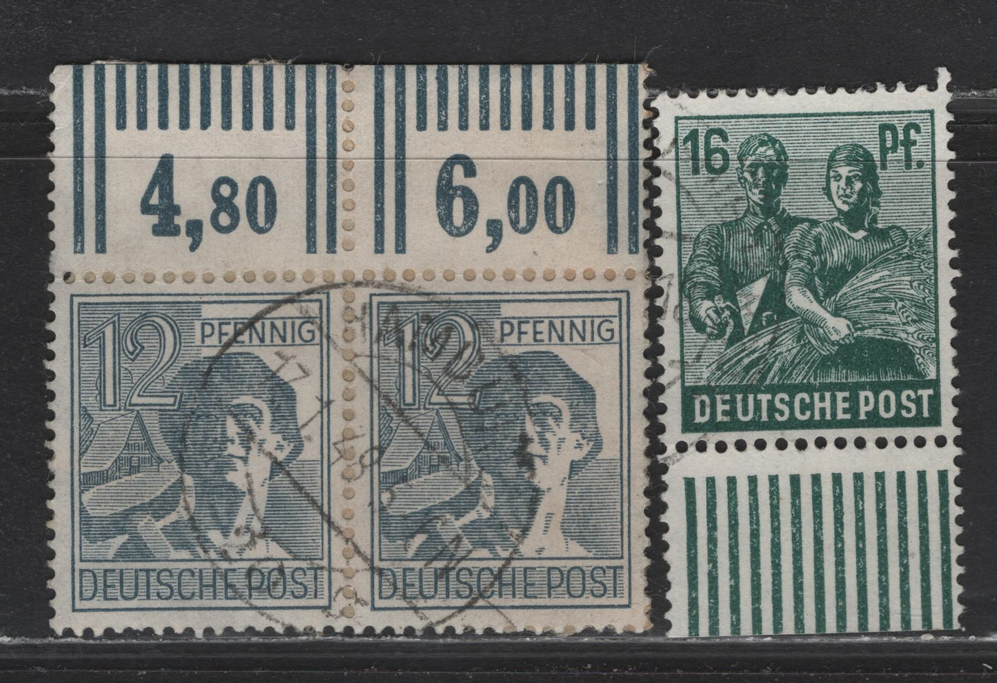Lot 229 Germany Michel#947W0R, 949aW0R (SC# 561, 563) 12pf - 16pf Gray - Blackish Bluish Green , 1948 Pictorial Issue, 2 Very Fine Used Top Sheet Margin Single & Bottom Sheet Margin Single, Marginal Markings