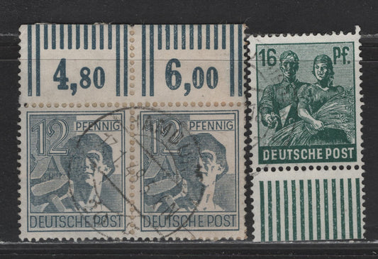 Lot 229 Germany Michel#947W0R, 949aW0R (SC# 561, 563) 12pf - 16pf Gray - Blackish Bluish Green , 1948 Pictorial Issue, 2 Very Fine Used Top Sheet Margin Single & Bottom Sheet Margin Single, Marginal Markings