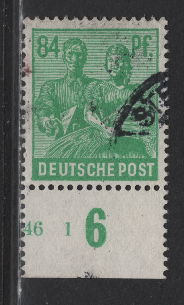 Lot 230 Germany Michel#958bHAN (SC# 573) 84pf Yellowish Emerald Green , 1948 Pictorial Issue, A Very Fine Used Bottom Sheet Margin Single, Plate Number 41363.46 1