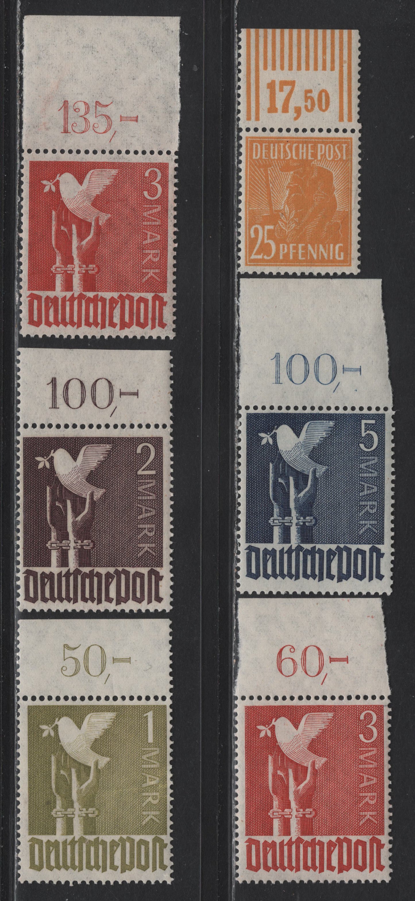 Lot 231 Germany Michel#952W0R, 959bPORdgz, 960bP0Rdgz, 961P0Rndgz, 962bP0Rndgz (SC# 566, 574-577) 25pf - 5m Orange Yellow - Dark Violet Ultramarine , 1948 Pictorial Issue, 6 VG/F/VFOG/NH Sheet Margin Singles, Perf & Imperf Selvedges