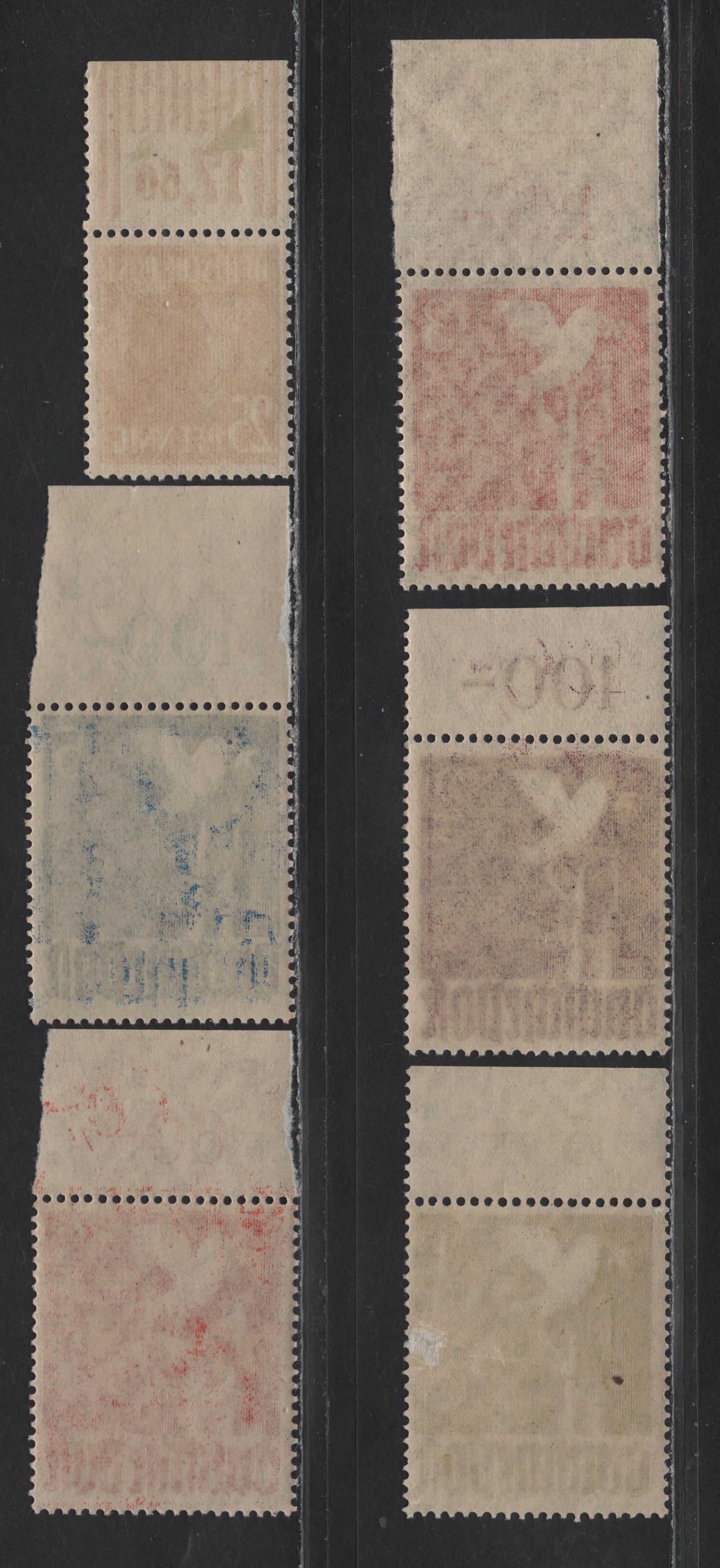 Lot 231 Germany Michel#952W0R, 959bPORdgz, 960bP0Rdgz, 961P0Rndgz, 962bP0Rndgz (SC# 566, 574-577) 25pf - 5m Orange Yellow - Dark Violet Ultramarine , 1948 Pictorial Issue, 6 VG/F/VFOG/NH Sheet Margin Singles, Perf & Imperf Selvedges
