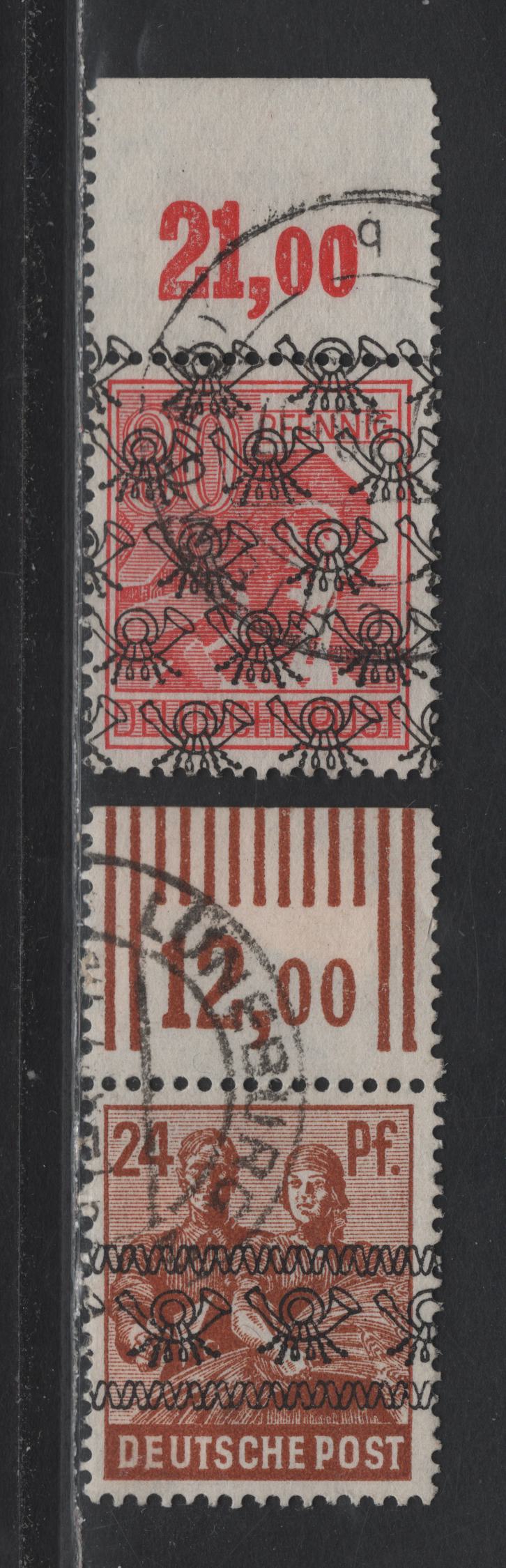 Lot 233 Germany Michel#44IaW0R, 46IIP0Rdgz (SC# 627, 808) 24pf - 30pf Brown Orange - Red , 1948 Pictorial Issue, 2 Very Fine Used Top Sheet Margin Singles, Band Posthorn & Network Posthorn Overprints, Counter Tabs