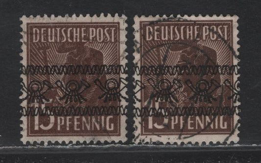 Lot 234 Germany SC#605 15pf Sienna & Dark Brown , 1948 Band Posthorn Overprinted Pictorial Issue, 2 Very Good/Very Fine Used Singles, Band Posthorn Overprinted, Small Crease At Top Of Dark Brown Shade