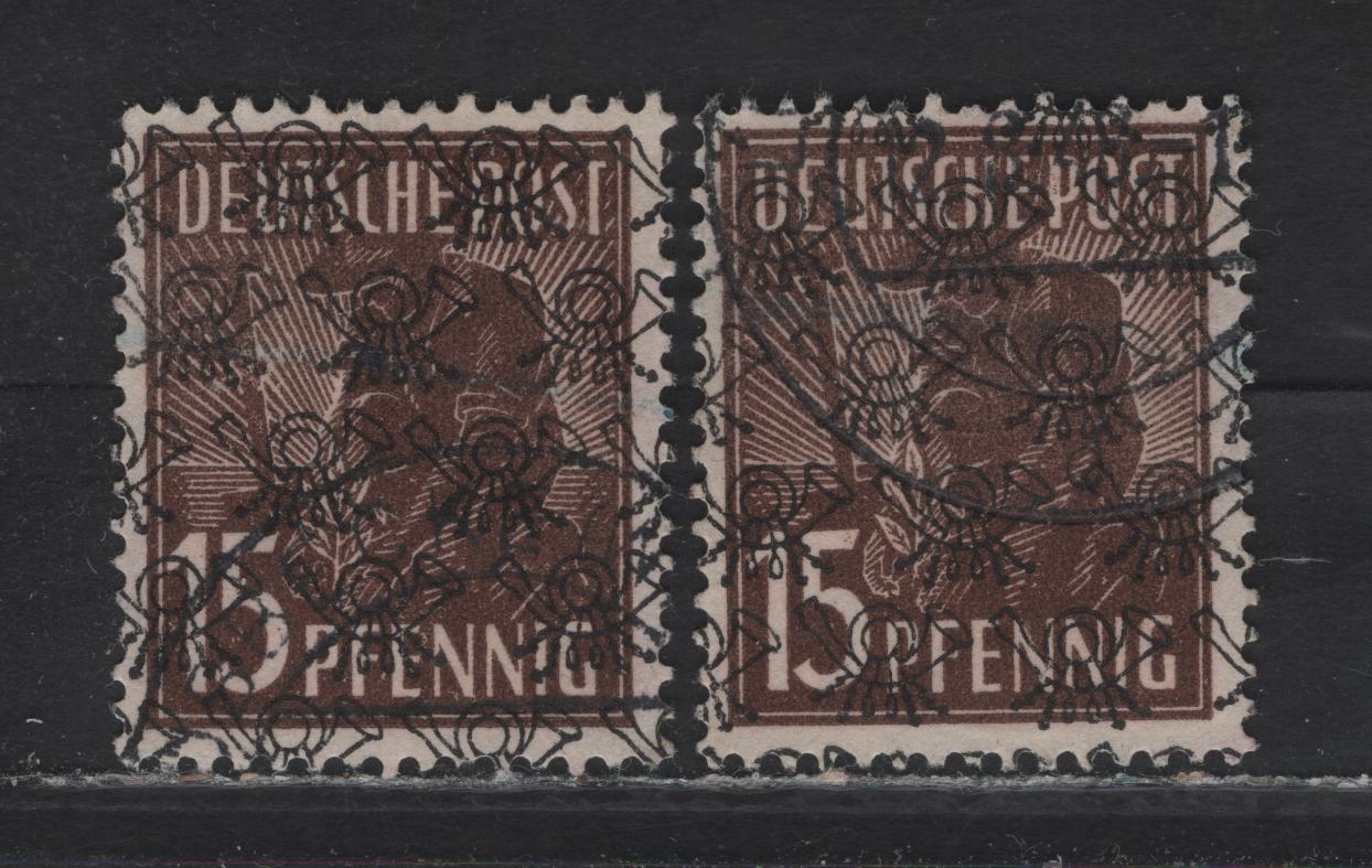 Lot 235 Germany Michel#41IIb (SC# 622) 15pf Sienna , 1949 Pictorial Issue, 2 Very Fine Used Singles, 2 Shades of Scarcer Shade, Network Posthorn Overprint