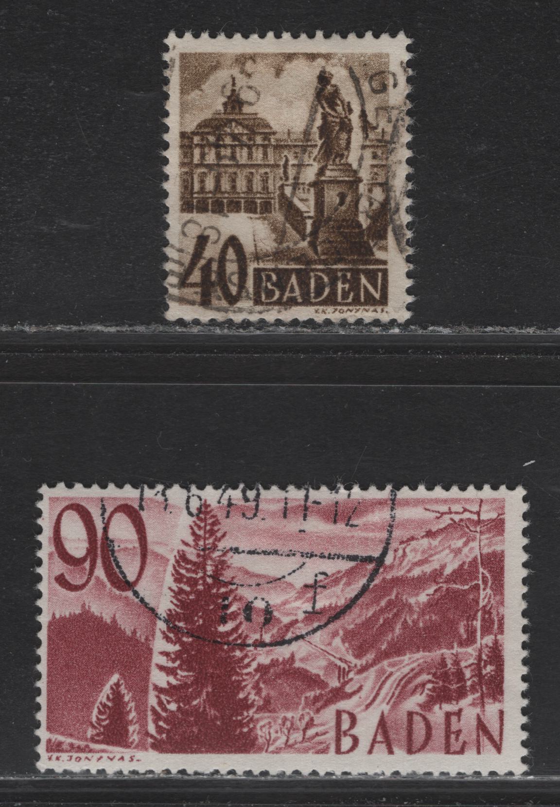Lot 238 Germany - French Occupation of Baden SC#5N38, 5N40 40pf - 90pf Brown - Rose Brown , 1948-1949 Third Reissue Of Pictorial Definitives, 2 Fine/Very Fine Used Singles, Without 'PF'