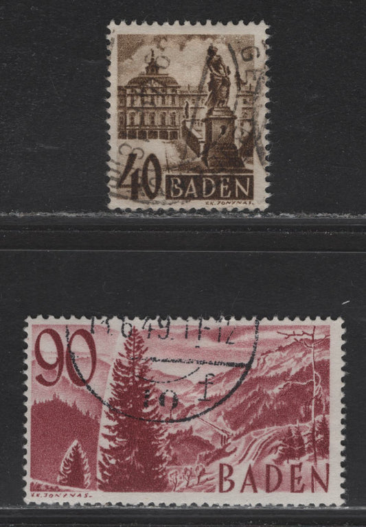Lot 238 Germany - French Occupation of Baden SC#5N38, 5N40 40pf - 90pf Brown - Rose Brown , 1948-1949 Third Reissue Of Pictorial Definitives, 2 Fine/Very Fine Used Singles, Without 'PF'
