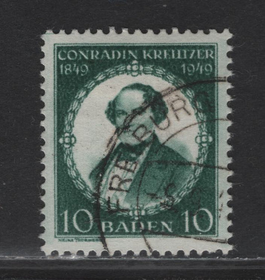 Lot 240 Germany - French Occupation of Baden SC#5N42 (Michel# 53II) 10pf Dark Green , 1949 Conradin Kreutzser Issue, A Very Fine Used Single, Type II