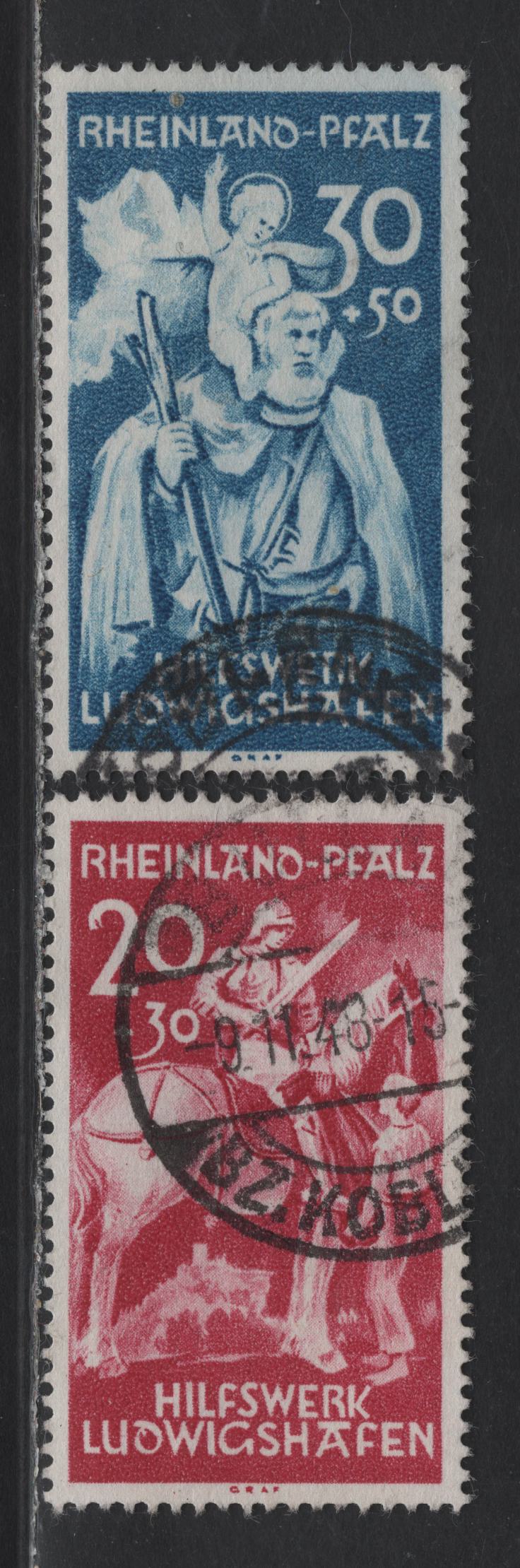 Lot 243 Germany - French Occupation Of Rhine Palatinate #5NB1-5NB2 20pf + 30pf  - 30pf + 50pf Deep Claret & Deep Blue St. Martin, 1948 Ludwigshafen Semi-Postal Issue, 2 VF Used Singles