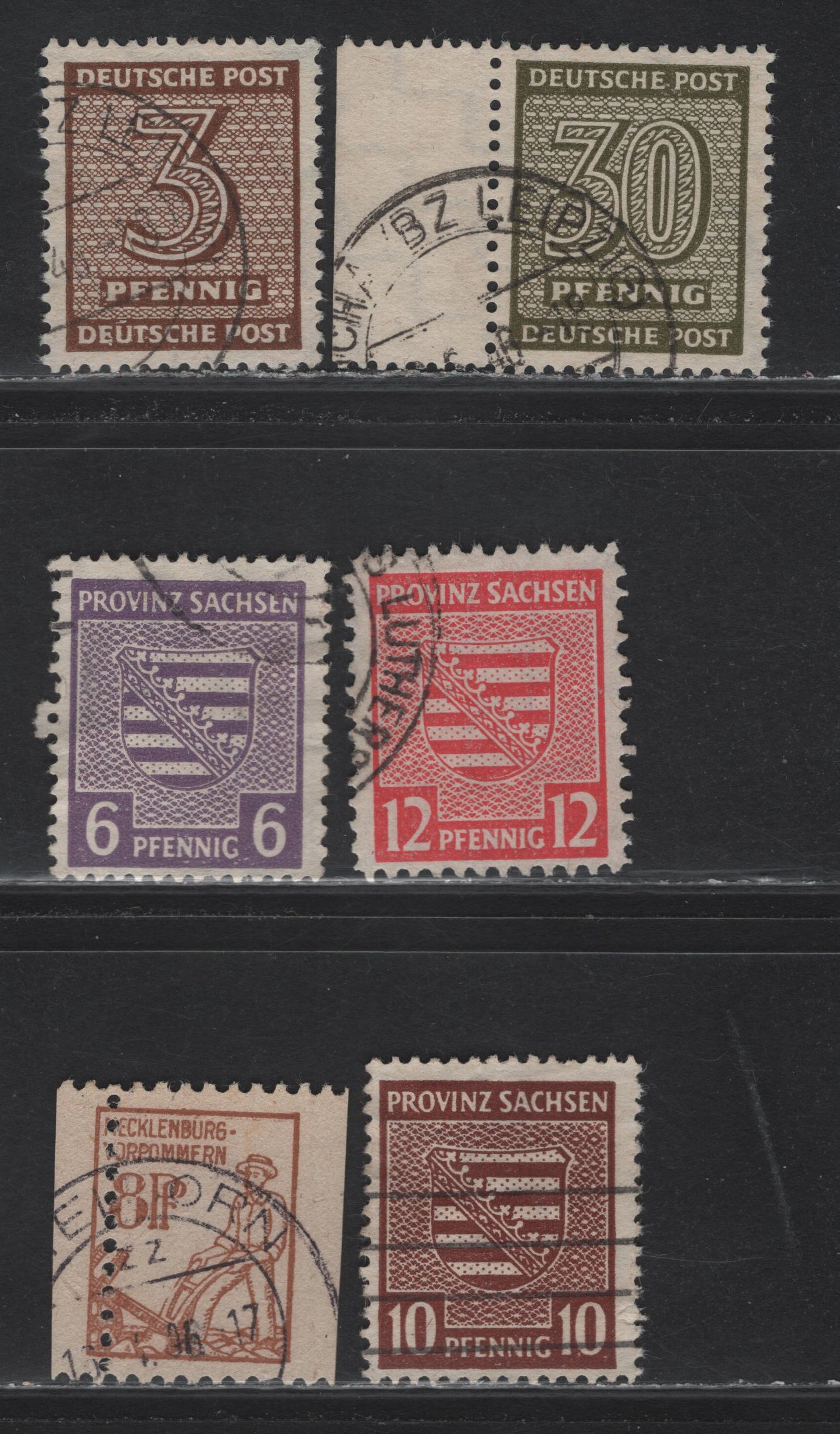 Lot 244 Germany Russian Occupation of West Saxony & Mecklenburg Vorpommern #12N8, 13N4/13N7, 14N1, 14N10 6pf-30pf Brown-Olive Green Plowman & Numerals, 1945-1946 Numeral, Plowman & Arms Definitives, 6 Fine & VF Used Singles