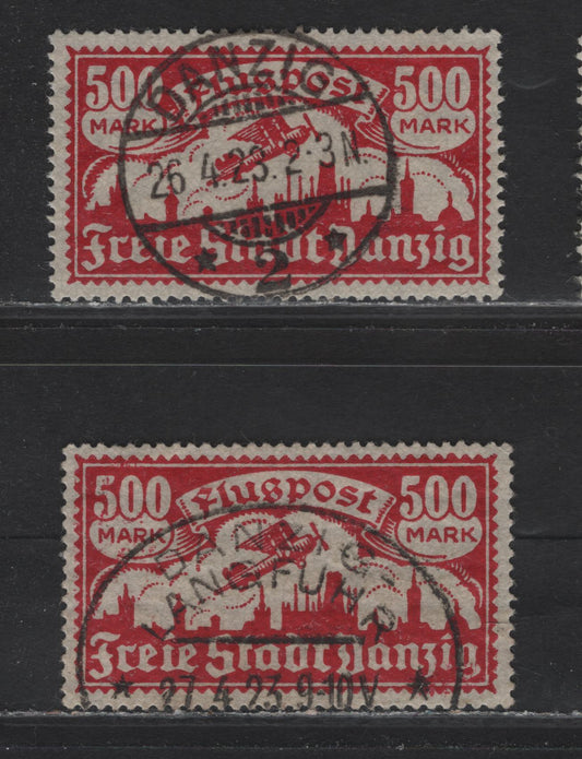 Lot 245 Danzig #C21 500m Carmine Rose Plane Over Danzig, 1923 Airmail Issue, 2 VF Used Singles With What Appear To Be Favour Cancels