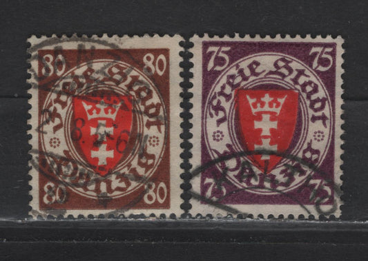 Lot 247 Danzig #190-191 70pf-80pf Violet & Red - Dark Orange Brown & Red Coat Of Arms, 1924-1937 Arms Issue, On Yellowish & White Paper, Wmk Webbing, 2 Fine Used Singles On Yellowish Paper