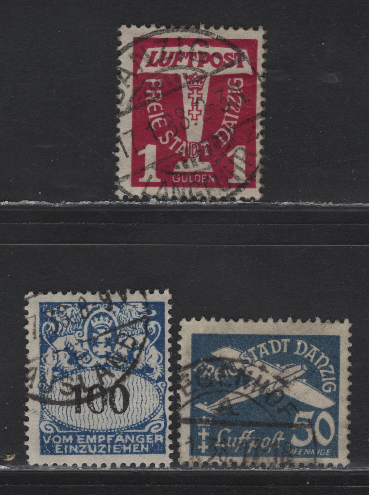 Lot 249 Danzig #C39-C40, J38 50pf - 100pf Grey Blue & Blue & Black Airplane & Danzig Coat Of Arms, 1935 Airmail Issue & 1923-1928 Postage Dues, 3 Fine Used Singles