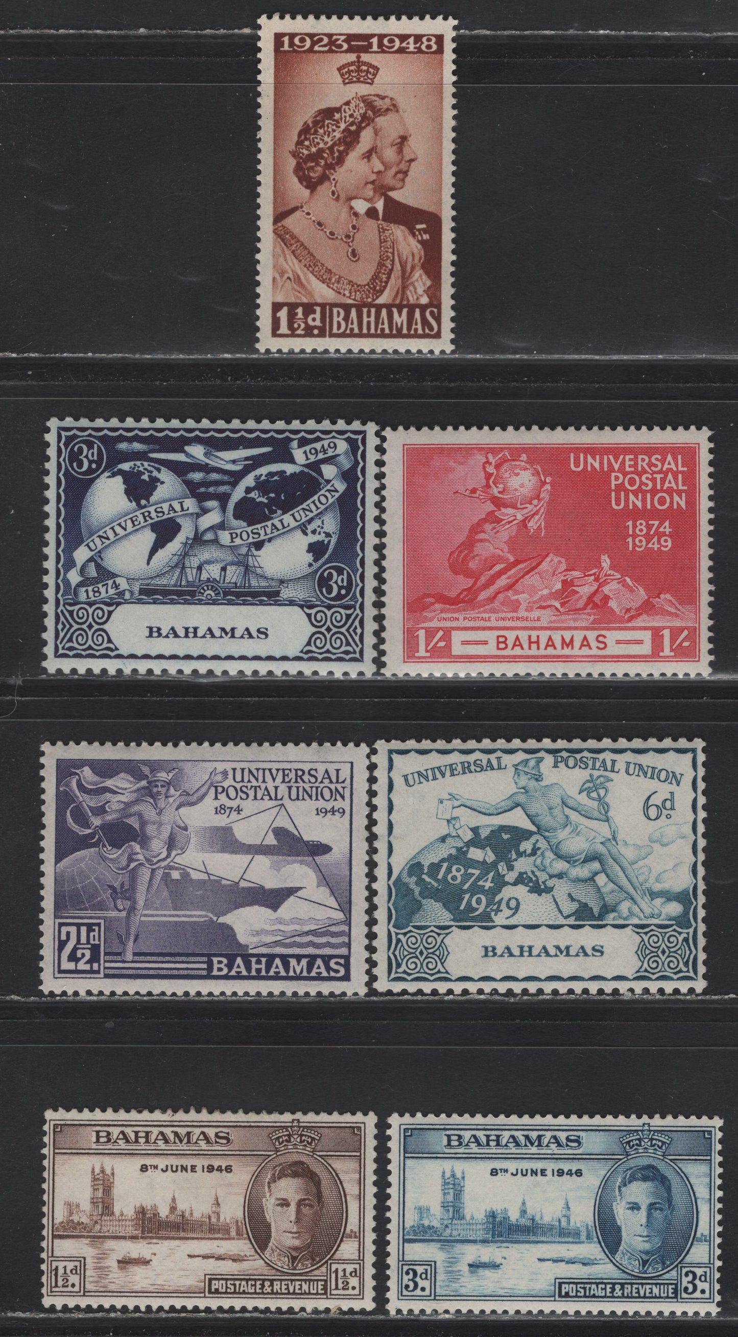Lot 257 Bahamas (C) #176-177, 194, 196-199 1.5d-1/- Brown-Carmine Parliament Buildings - UPU Monument in Berne, 1946 Peace Issue - 1949 UPU Issue, 7 Fine & VFNH Singles
