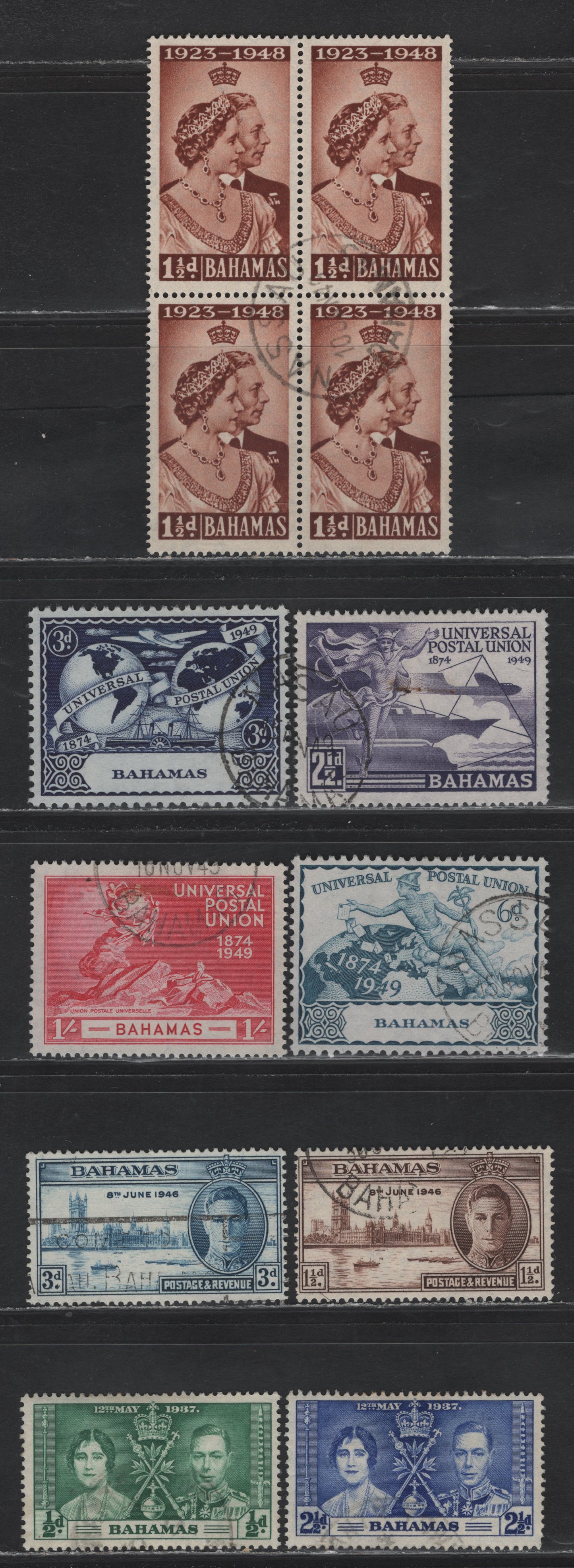 Lot 259 Bahamas (C) #146, 148, 176-177, 194, 196-199 1/2d-1/- Green-Carmine King George VI & Queen Elizabeth - UPU Monument In Berne, 1937 Coronation Issue-1949 UPU Issue, A Fine & VF Used Block of 4 & 8 singles