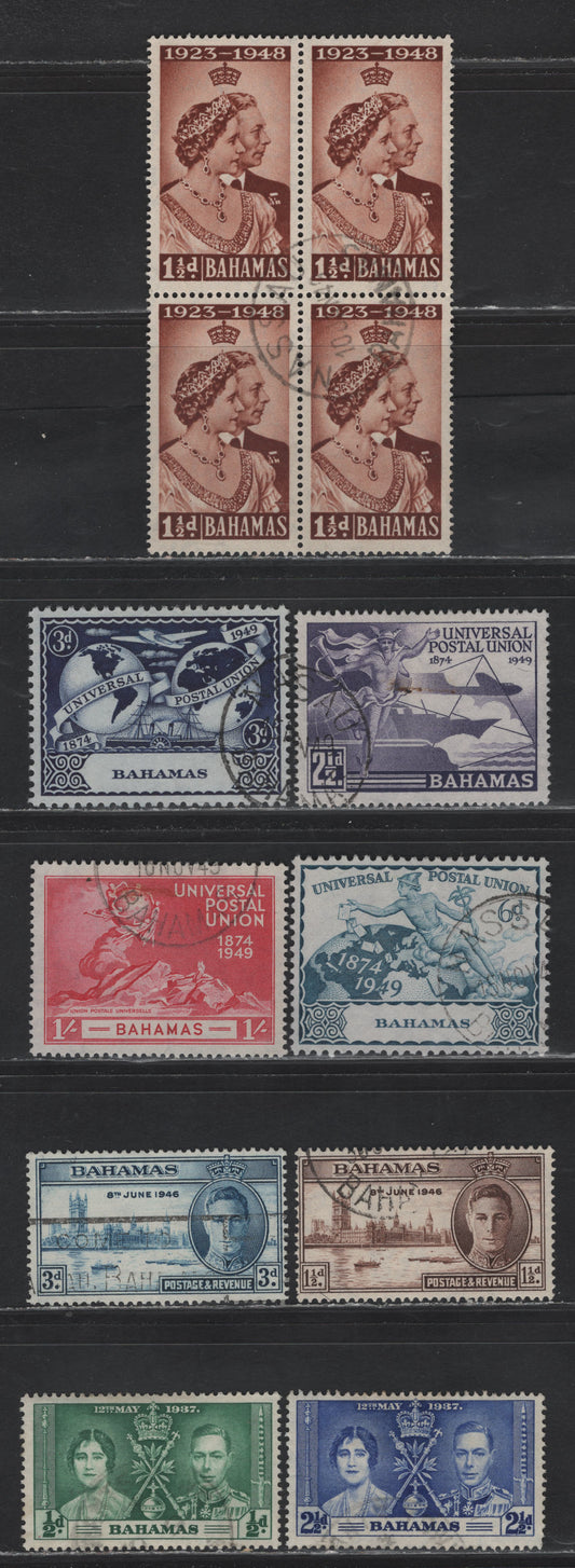 Lot 259 Bahamas (C) #146, 148, 176-177, 194, 196-199 1/2d-1/- Green-Carmine King George VI & Queen Elizabeth - UPU Monument In Berne, 1937 Coronation Issue-1949 UPU Issue, A Fine & VF Used Block of 4 & 8 singles