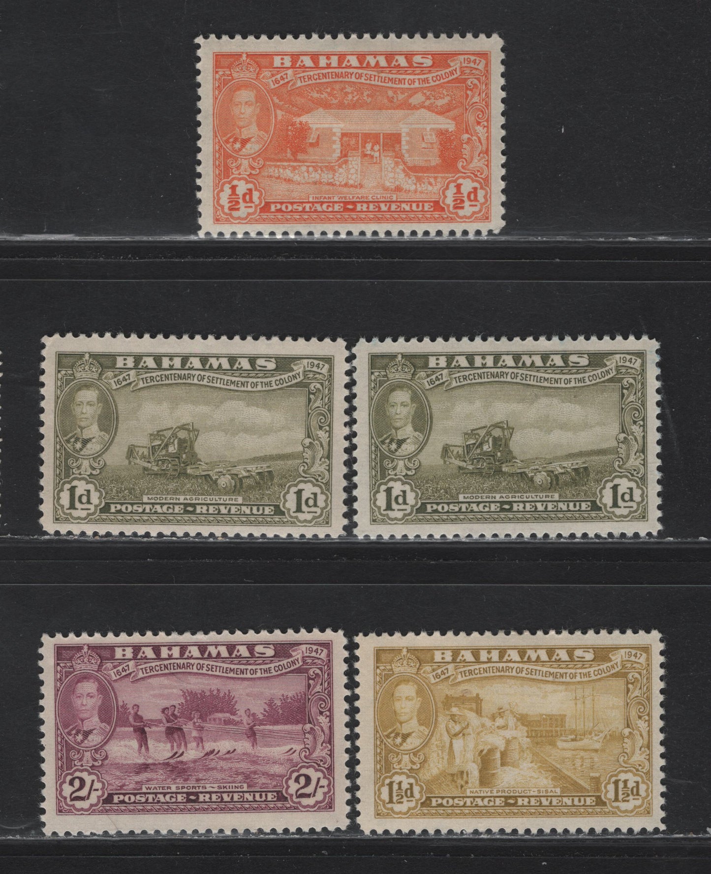 Lot 260 Bahamas (C) #178-180, 189 1/2d-2/- Orange-Magenta Infant Welfare Clinic - Waterskiing, 1948 Elutheran Settlement Issue, 5 VFOG Singles Incl. 2 Subtle Shades of 1d