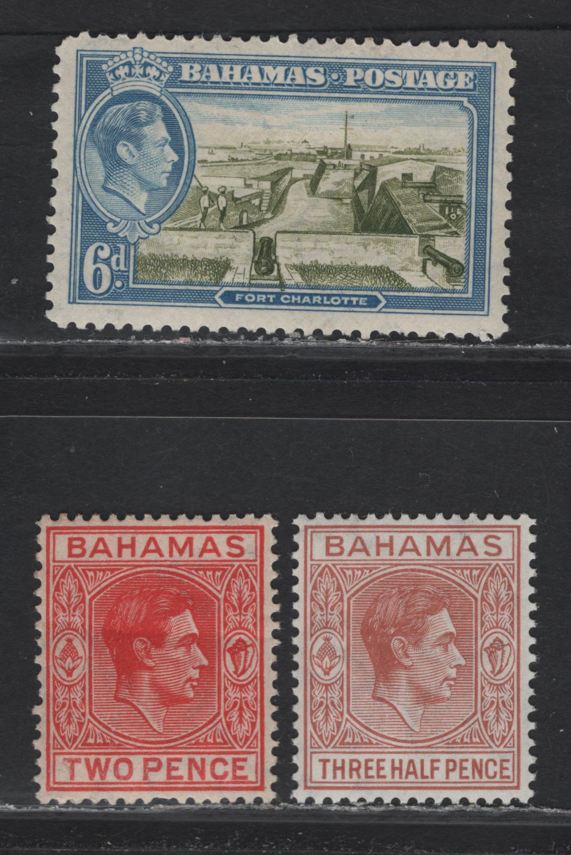 Lot 261 Bahamas (C) #151, 152b, 159 1.5d-6d Red Brown - Olive Green & Light Blue, 1938-1952  King George VI Definitive Issue, 3 Fine & VFOG Singles 1938 & 1941 Printings On Smooth Paper, With Toned Gum & Opaque Paper With Gum Having Random Crazing
