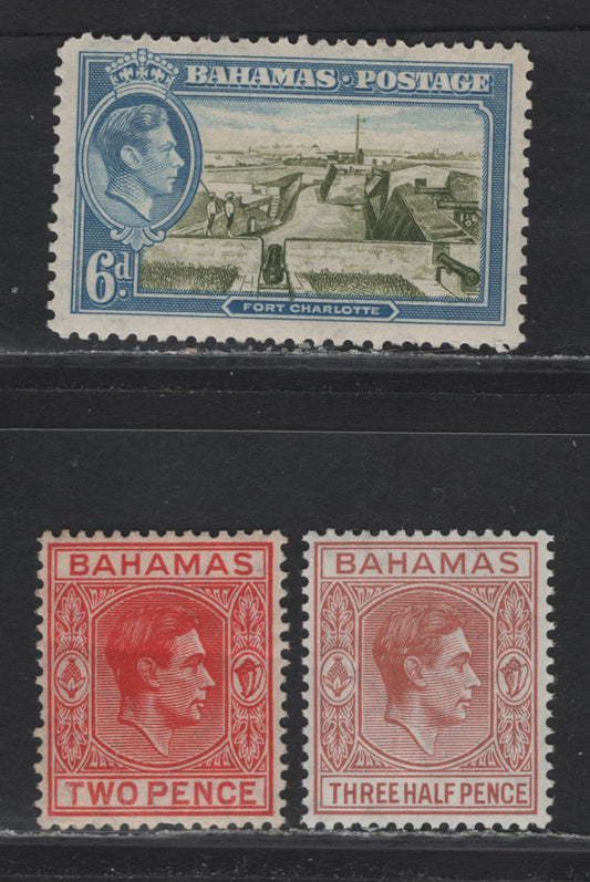 Lot 261 Bahamas (C) #151, 152b, 159 1.5d-6d Red Brown - Olive Green & Light Blue, 1938-1952  King George VI Definitive Issue, 3 Fine & VFOG Singles 1938 & 1941 Printings On Smooth Paper, With Toned Gum & Opaque Paper With Gum Having Random Crazing