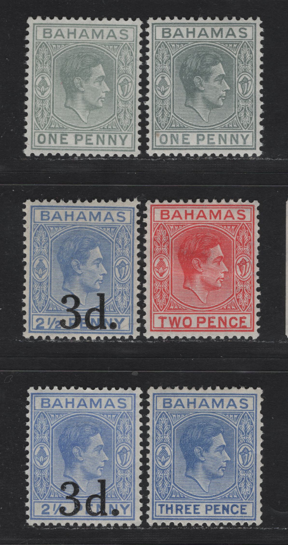 Lot 262 Bahamas (C) #150a, 150ab, 152b, 154ab, 161,  1d-3d on 2.5d Pale Slate - Blue 1938-1952  King George VI Definitive Issue, 6 Fine & VFOG & VFNH Singles 1940, 1941, 1942 & 1948 Printings On Opaque Paper, Smooth White Gum With Fine Diagonal Crazing