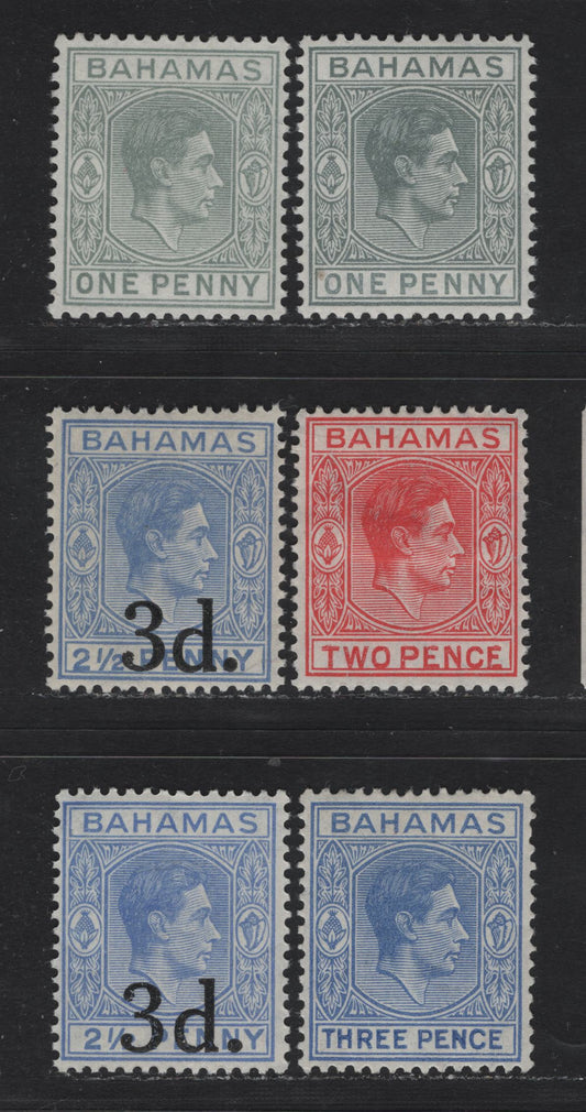 Lot 262 Bahamas (C) #150a, 150ab, 152b, 154ab, 161,  1d-3d on 2.5d Pale Slate - Blue 1938-1952  King George VI Definitive Issue, 6 Fine & VFOG & VFNH Singles 1940, 1941, 1942 & 1948 Printings On Opaque Paper, Smooth White Gum With Fine Diagonal Crazing