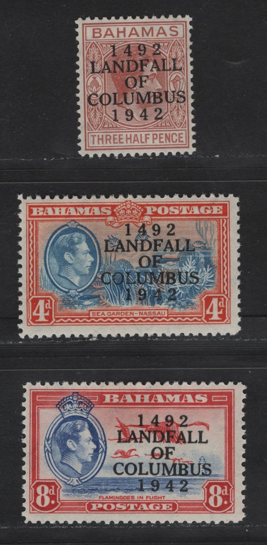 Lot 266 Bahamas #164, 168, 170 1.5d, 4d, 8d Red Brown - Ultramarine & Scarlet King George VI - Flamingoes, 1942-1945 Landfall Of Columbus Issue, 3 Fine & VFOG Singles Overprinted 1938 Printings With Toned Gum Having Random Crazing