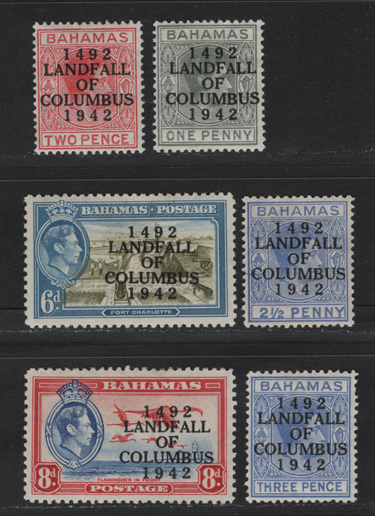 Lot 267 Bahamas #163, 165, 166-167, 169-170 1d-8d Pale Slate - Ultramarine & Blue King George VI - Flamingoes, 1942-1945 Landfall Of Columbus Issue, 6 VFOG Singles Overprinted 1942 Printings On Opaque Paper, With Smooth Gum