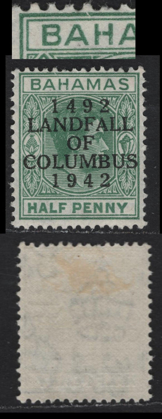 Lot 268 Bahamas (C) #162var 1/2d Bluish Green King George VI, 1942-1945 Landfall Of Columbus Issue, A Fine OG Single Overprinted 1942 Printing On Rough Paper, Showing Unlisted Frame Break Above AH Of Bahamas (C)