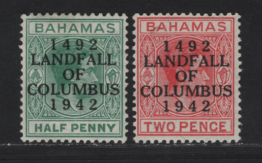 Lot 269 Bahamas (C) #162, 165 1/2d, 2d Bluish Green & Scarlet King George VI, 1942-1945 Landfall Of Columbus Issue, 2 VFOG Singles Overprinted 1942 Printings On Opaque Paper, With Smooth Gum