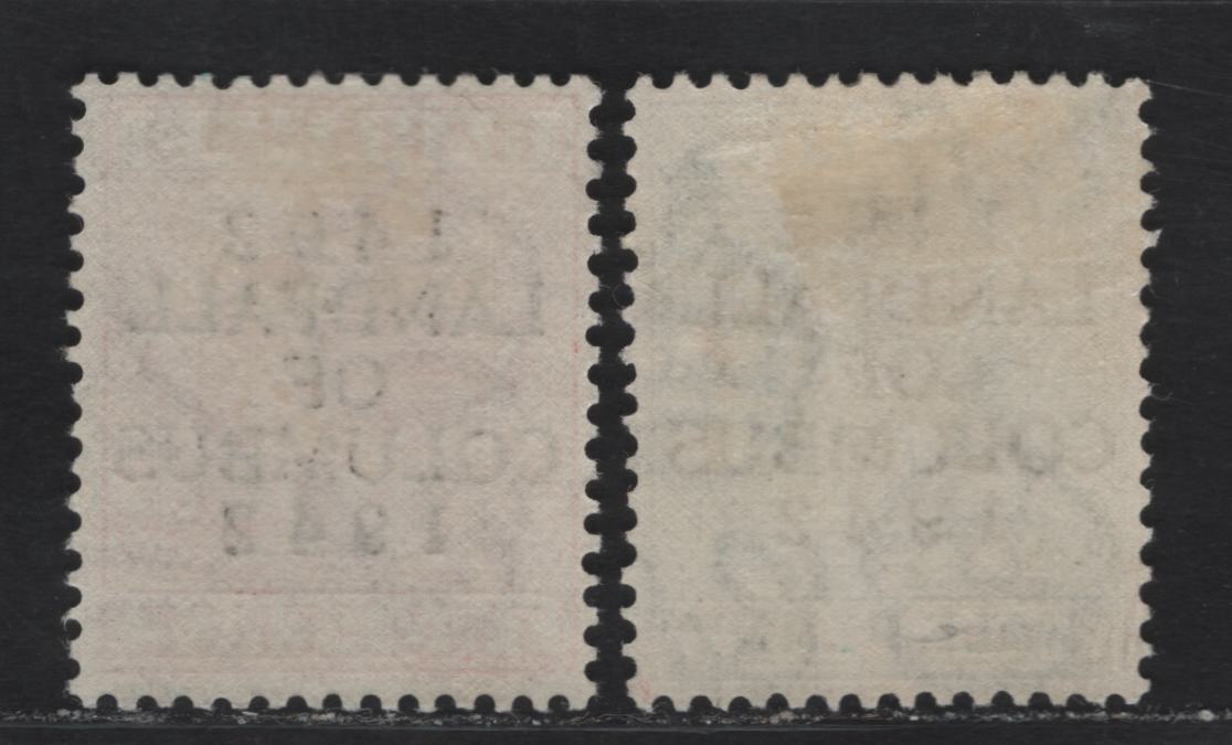 Lot 269 Bahamas (C) #162, 165 1/2d, 2d Bluish Green & Scarlet King George VI, 1942-1945 Landfall Of Columbus Issue, 2 VFOG Singles Overprinted 1942 Printings On Opaque Paper, With Smooth Gum