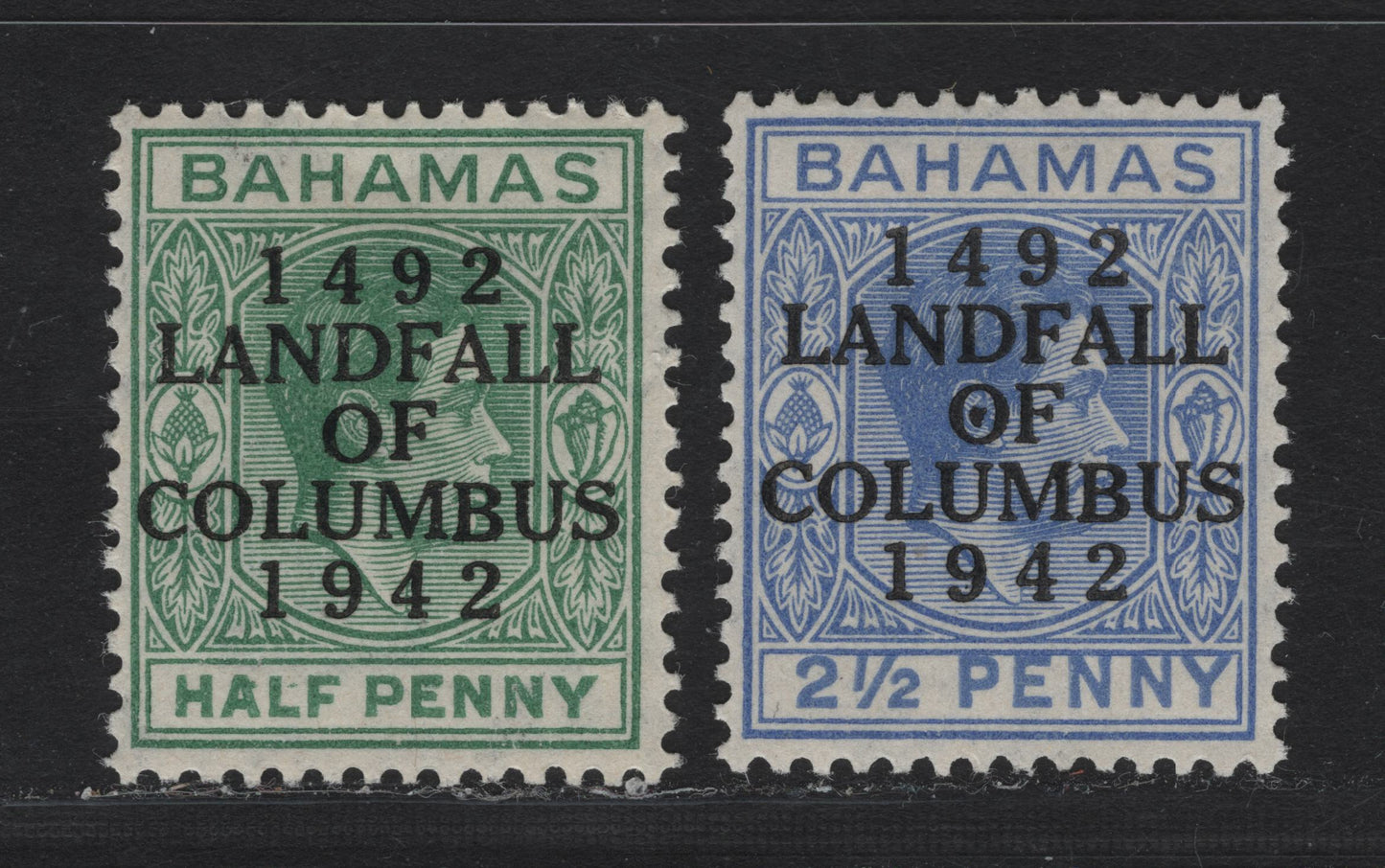 Lot 270 Bahamas (C) #162var, 166var 1/2d & 2.5d Bluish Green & Ultramarine King George VI, 1942-1945 Landfall Of Columbus Issue, 2 Fine & VFOG Singles Overprinted 1938 Printings With Toned Gum Showing Unlisted Plate & Overprint Varieties