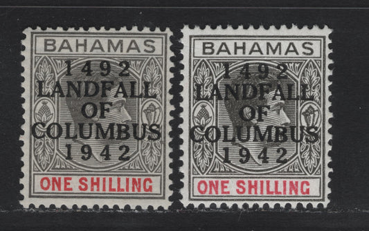 Lot 271 Bahamas (C) #171, 171b 1/- Brownish Grey & Scarlet And Grey Black & Bright Crimson King George VI, 1942-1945 Landfall Of Columbus Issue, 2 Fine & VFNH Singles Overprinted 1942 Striated Paper & 1944 Ordinary Paper Printings