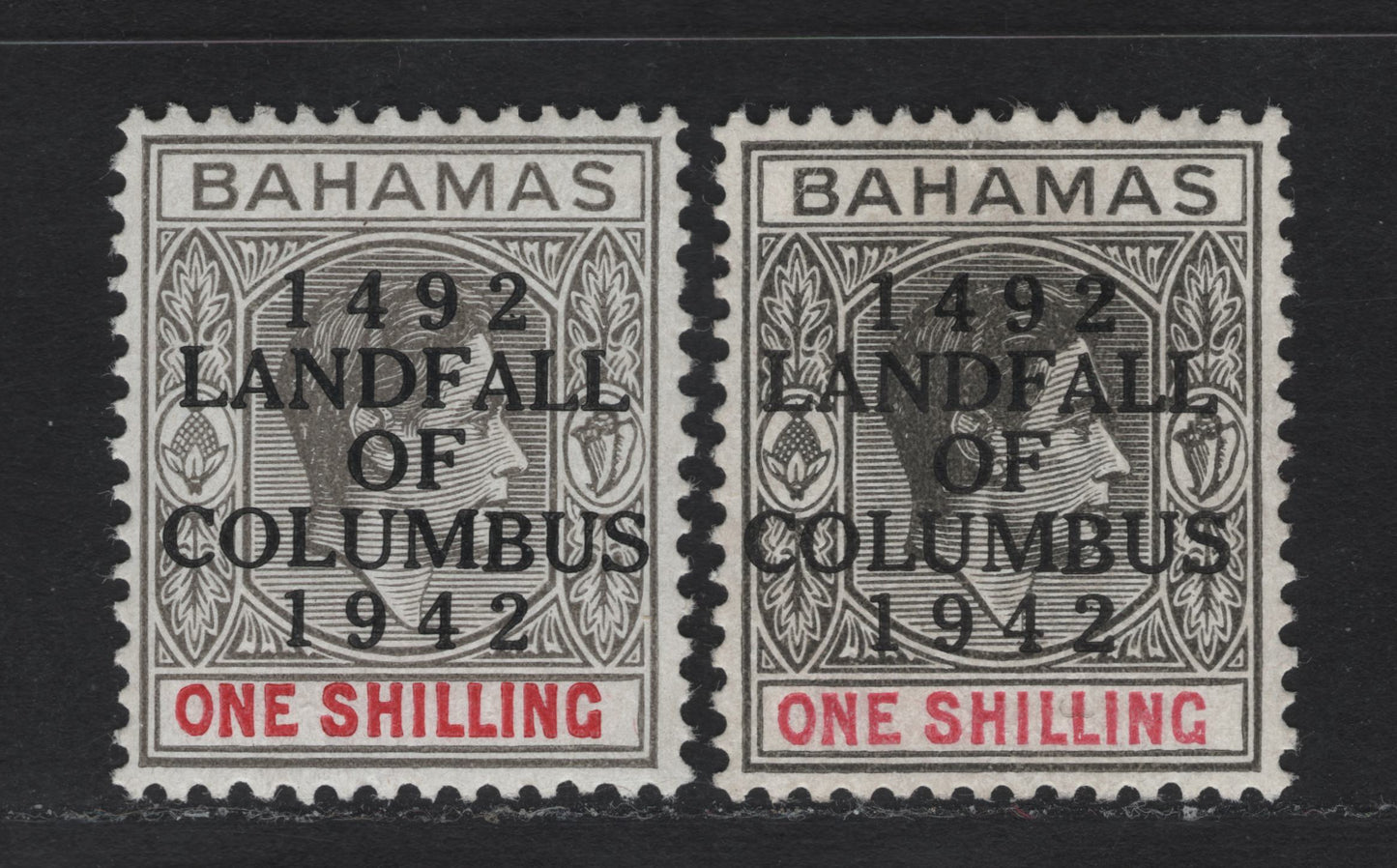 Lot 272 Bahamas #171a-171b 1/- Black & Carmine And Grey Black & Bright Crimson King George VI, 1942-1945 Landfall Of Columbus Issue, 2 Fine & VFOG Singles Overprinted 1942 & 1944 Printings On Ordinary Paper