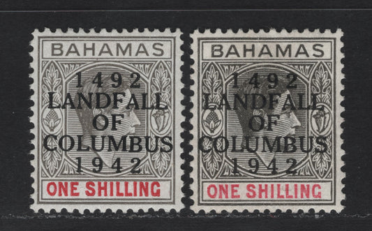 Lot 272 Bahamas #171a-171b 1/- Black & Carmine And Grey Black & Bright Crimson King George VI, 1942-1945 Landfall Of Columbus Issue, 2 Fine & VFOG Singles Overprinted 1942 & 1944 Printings On Ordinary Paper