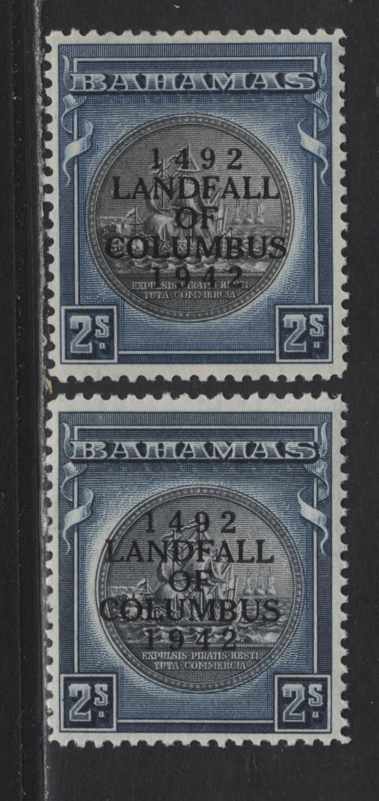 Lot 273 Bahamas (C) #172, 172b 2/-  Slate Purple & Indigo And Brownish Black & Steel Blue Badge Of The Colony, 1942-1945 Landfall Of Columbus Issue, 2 VFOG & VFNH Singles Overprinted 1942 & 1944 Printings