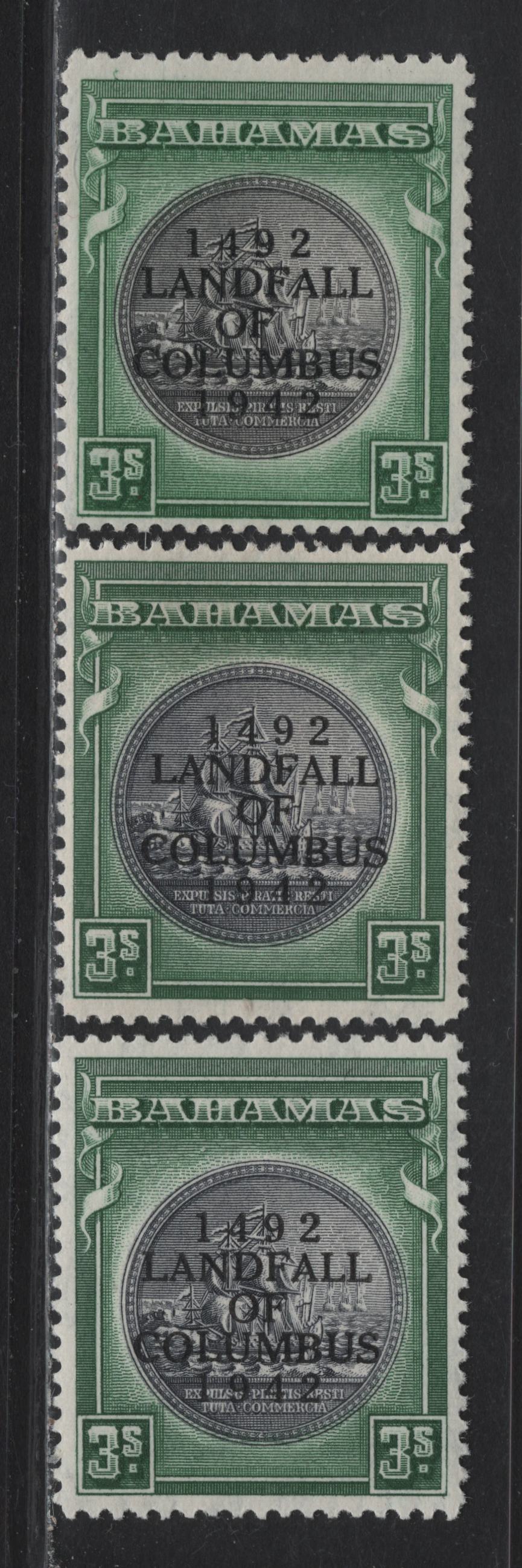 Lot 274 Bahamas (C) #173, 173a 3/- Slate Purple & Myrtle Green And Brownish Black & Green Badge Of The Colony, 1942-1945 Landfall Of Columbus Issue, 3 Fine & VFOG & VFNH Singles Overprinted 1942 & 1943 Printings, Slight Variation Of The 1942 Printings