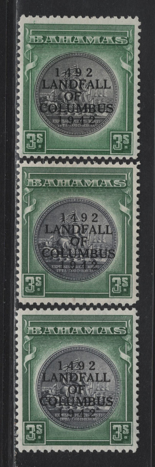 Lot 274 Bahamas (C) #173, 173a 3/- Slate Purple & Myrtle Green And Brownish Black & Green Badge Of The Colony, 1942-1945 Landfall Of Columbus Issue, 3 Fine & VFOG & VFNH Singles Overprinted 1942 & 1943 Printings, Slight Variation Of The 1942 Printings