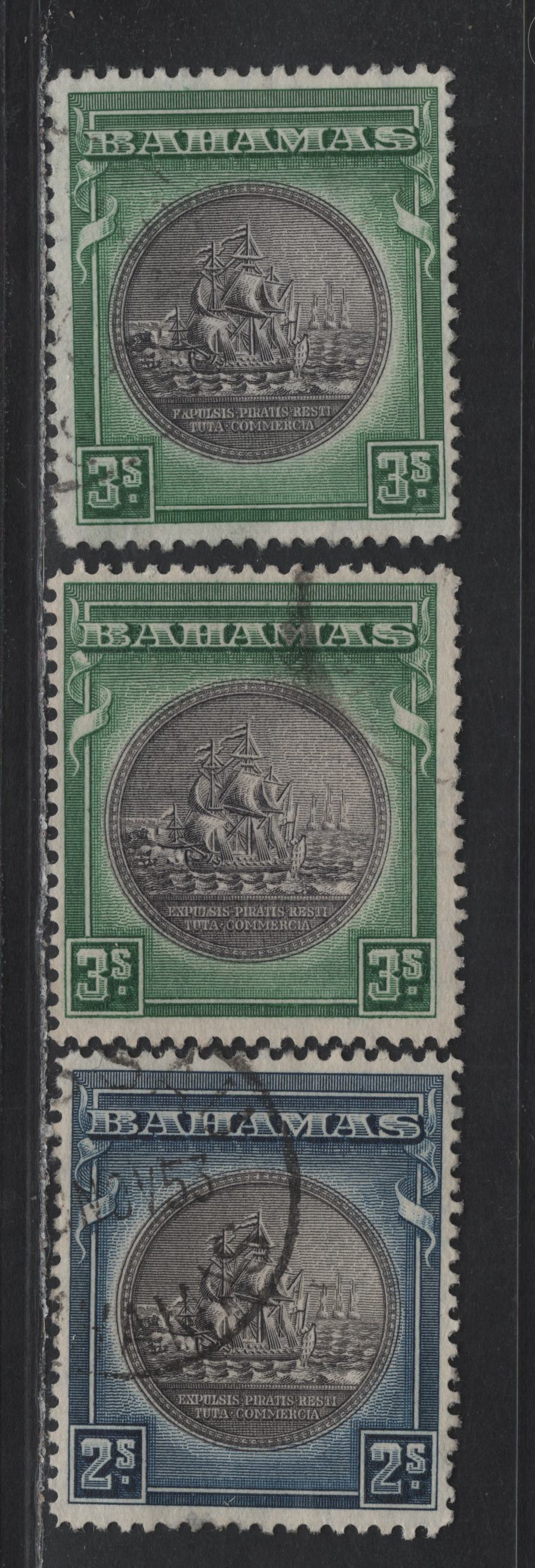 Lot 275 Bahamas (C) #131b, 132a 2/- & 3/- Brownish Black & Indigo And Brownish Black & Green.  1938-1952  King George VI Definitive Issue, 3 Fine & VF Used Singles 1943 & 1952 Printings On Opaque Paper With Visible Wmk And On Paper With Cross-Hatched Mesh