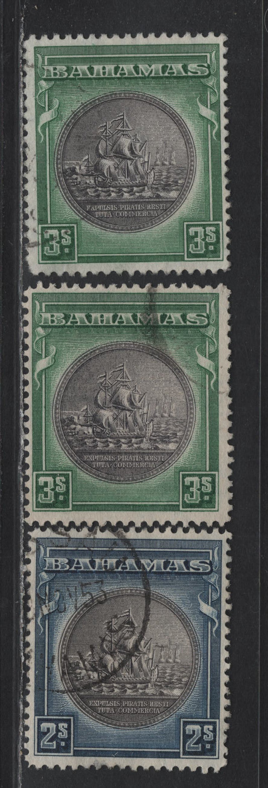Lot 275 Bahamas (C) #131b, 132a 2/- & 3/- Brownish Black & Indigo And Brownish Black & Green.  1938-1952  King George VI Definitive Issue, 3 Fine & VF Used Singles 1943 & 1952 Printings On Opaque Paper With Visible Wmk And On Paper With Cross-Hatched Mesh