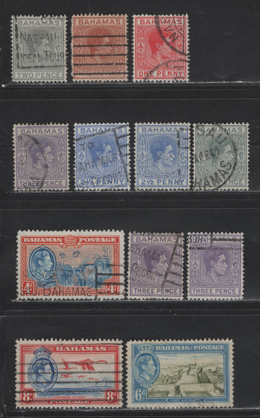 Lot 276 Bahamas (C) #150, 151-154, 158-160 1d-8d Carmine - Scarlet & Ultramarine King George VI - Flamingoes, 1938-1952  King George VI Definitive Issue, 12 Fine & VF Used Singles 1938 Printings On Opaque Paper, With Visible Wmk, Shade Variations