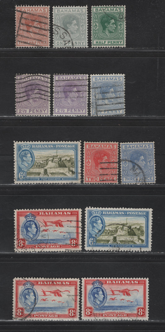 Lot 277 Bahamas (C) #149c, 150ab, 151, 152b, 153-153a, 154a, 159-160 1/2d-8d Bluish Green -Scarlet & Ultramarine 1938-1952  King George VI Definitive Issue, 13 Fine & VF Used Singles 1941 & 1942 Printings On Opaque Paper With Less Visible Wmk, Shades