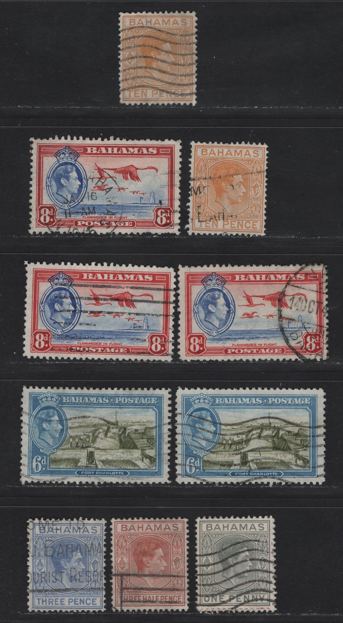 Lot 278 Bahamas (C) #151, 150ab, 154a, 154c, 159-160 1d-10d Pale Slate - Orange Yellow  1938-1952  King George VI Definitive Issue, 11 Fine & VF Used Singles 1944-1946 Printings On Translucent Paper With Visible Wmk, Shade Variations