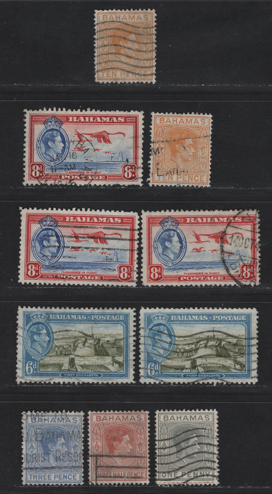 Lot 278 Bahamas (C) #151, 150ab, 154a, 154c, 159-160 1d-10d Pale Slate - Orange Yellow  1938-1952  King George VI Definitive Issue, 11 Fine & VF Used Singles 1944-1946 Printings On Translucent Paper With Visible Wmk, Shade Variations